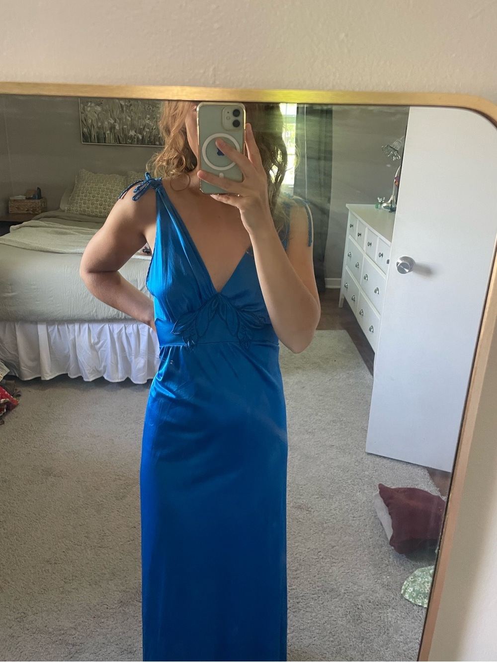 Beach Girl Blue Floral Satin Maxi Dress Size Small - Picture 13 of 13